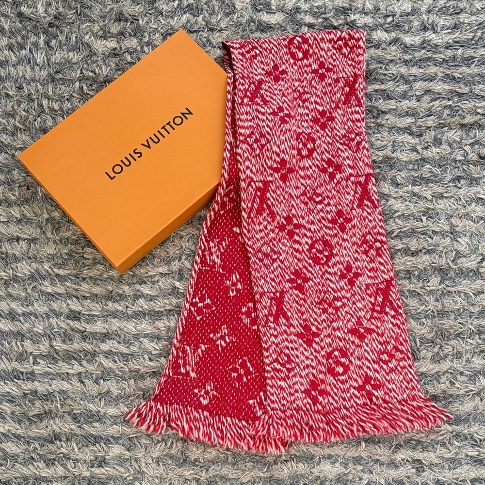 Louis Vuitton Monogram Wool Silk Scarf M70424 GM0136 Red White LV Logo Luxury